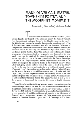 Frank Oliver Call, Eastern Townships Poetry, and the Modernist Movement