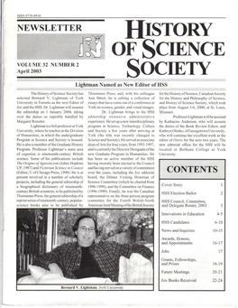 History of Science Society Has Thoemmes Press; And, with His Colleague for the History of Science, Canadian Society Selected Bernard V