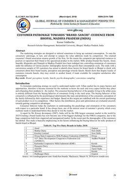 “BRAND: SANCHI”: EVIDENCE from BHOPAL, MADHYA PRADESH (INDIA) Kumar Siddhartha Research Scholar-Management, Barkatullah University, Bhopal, Madhya Pradesh, India