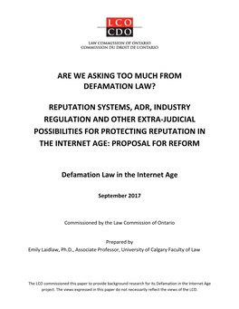 Reputation Systems, Adr, Industry Regulation and Other Extra-Judicial Possibilities for Protecting Reputation in the Internet Age: Proposal for Reform
