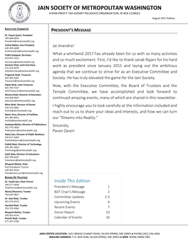 JAIN SOCIETY of METROPOLITAN WASHINGTON a NON-PROFIT TAX-EXEMPT RELIGIOUS ORGANIZATION, ID #54-1139623 August 2017 Edition