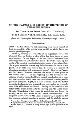 On the Nature and Action of the Venom of Poisonous Snakes: I. The