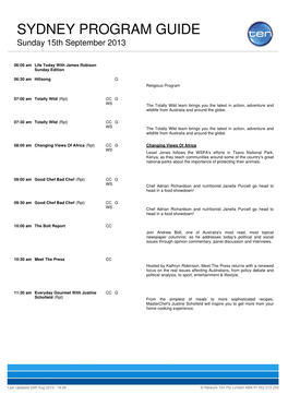 SYDNEY PROGRAM GUIDE Sunday 15Th September 2013