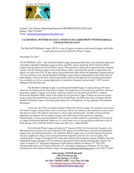 CWL-BCL Agreement Press Release