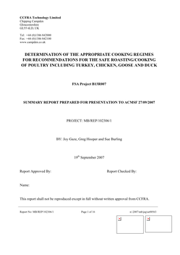 Determination of the Appropriate Cooking Regimes for Recommendations for the Safe Roasting/Cooking of Poultry Including Turkey, Chicken, Goose and Duck