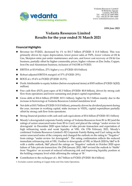 Vedanta Resources Limited Results for the Year Ended 31 March 2021