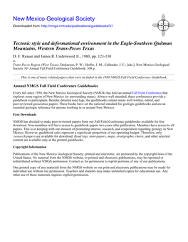 Tectonic Style and Deformational Environment in the Eagle-Southern Quitman Mountains, Western Trans-Pecos Texas D