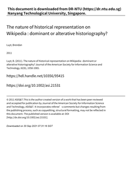 The Nature of Historical Representation on Wikipedia : Dominant Or Alterative Historiography?