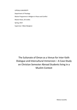 The Sultanate of Oman As a Venue for Inter-Faith Dialogue and Intercultural Immersion – a Case-Study on Christian Semester Abroad Students Living in a Muslim Context