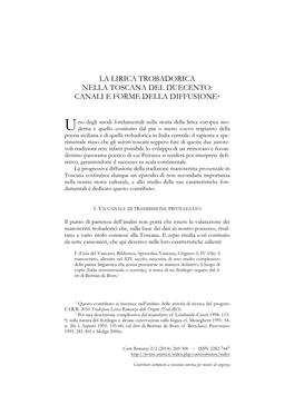 La Lirica Trobadorica Nella Toscana Del Duecento: Canali E Forme Della Diffusione*