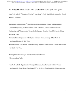 The Predicted Metabolic Function of the Gut Microbiota of Drosophila Melanogaster