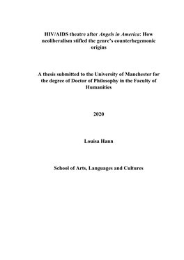 HIV/AIDS Theatre After Angels in America: How Neoliberalism Stifled the Genre’S Counterhegemonic Origins