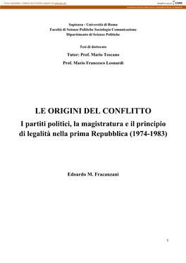 LE ORIGINI DEL CONFLITTO I Partiti Politici, La Magistratura E Il Principio Di Legalità Nella Prima Repubblica (1974-1983)