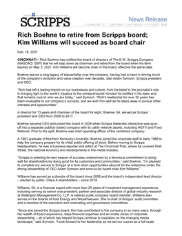 Rich Boehne to Retire from Scripps Board; Kim Williams Will Succeed As Board Chair