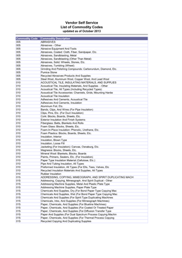 VSS List of Commodity Codes