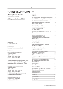 INFORMATIONEN Inhalt Editorial 2 Mitteilungsblatt Des Deutschen Jörg Evers Komponistenverbandes Der Bundesvorstand – Nachrichten Und Positionen 3 39