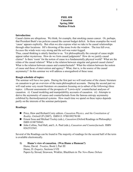 1 PHIL 858 Causation Spring 2004 Mathias Frisch Introduction: Causal