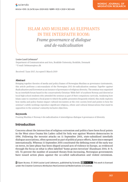 ISLAM and MUSLIMS AS ELEPHANTS in the INTERFAITH ROOM: Frame Governance of Dialogue and De-Radicalisation