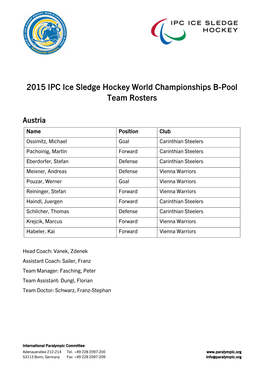 2015 IPC Ice Sledge Hockey World Championships B-Pool Team Rosters