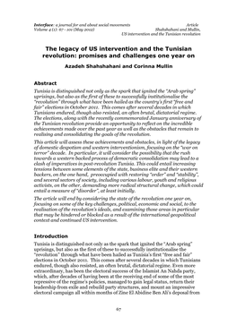 The Legacy of US Intervention and the Tunisian Revolution: Promises and Challenges One Year On