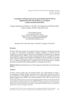 La Música Underground Vasca En La Década De Los 90. La Hegemonía Del Rock Político Y Su Eclipse a Otras Escenas Musicales