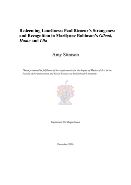 Redeeming Loneliness: Strangeness and Recognition in Marilynne Robinson's Gilead, Home and Lila
