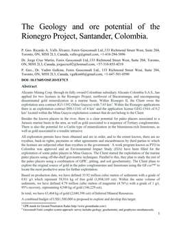 The Geology and Ore Potential of the Rionegro Project, Santander, Colombia