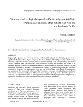 Vicariance and Ecological Dispersal in Papilio Subgenus Achillides (Papilionidae) and Some Other Butterflies of Asia and the Southwest Pacific