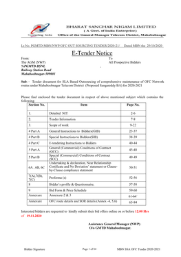 E-Tender Notice From: to the AGM (NWP) All Prospective Bidders %PGMTD BSNL , Railway Station Road Mahaboobnagar-509001