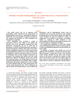 Review Apparent Water Permeability As a Physiological Parameter in Crustaceans