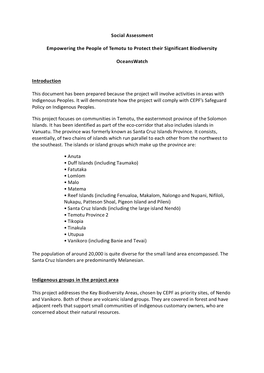 Social Assessment Empowering the People of Temotu to Protect Their Significant Biodiversity Oceanswatch Introduction This Docume