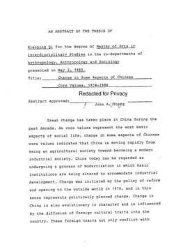 Change in Some Aspects of Chinese Core Values, 1978-1988 Redacted for Privacy Abstract Approved: R John A.C/Yotpg