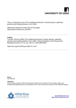 The Invisible Businessman: Nuclear Physics, Patenting Practices,And Trading Activities in the 1930S