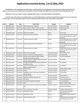 Applications Received During 1 to 31 May, 2019