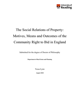 The Social Relations of Property: Motives, Means and Outcomes of the Community Right to Bid in England