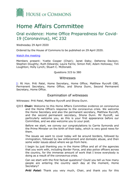 Home Affairs Committee Oral Evidence: Home Office Preparedness for Covid- 19 (Coronavirus), HC 232