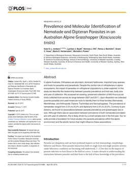 Prevalence and Molecular Identification of Nematode and Dipteran Parasites in an Australian Alpine Grasshopper (Kosciuscola Tristis)