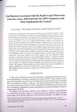 Gut Bacteria Associated with the Pacific Coast Wireworm, Limonius Canus, Inferred from 16S Rdna Sequences and Their Implications for Control