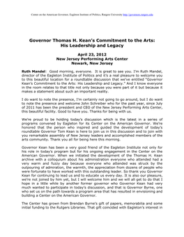 Governor Thomas H. Kean's Commitment to the Arts: His