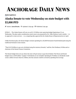 Alaska Senate to Vote Wednesday on State Budget with $3,000 PFD