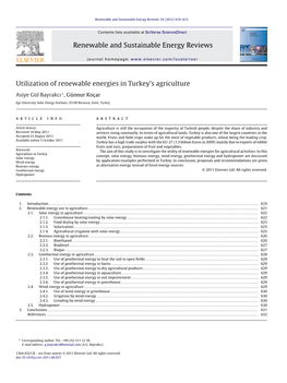 Utilization of Renewable Energies in Turkey's Agriculture