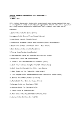 Senarai BN Perak Pada Pilihan Raya Umum Ke-13 Bernama 16 April, 2013
