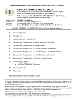 OFFICIAL NOTICE and AGENDA of a Meeting of a City Board, Commission, Department, Committee, Agency, Corporation, Quasi-Municipal Corporation Or Sub-Unit Thereof