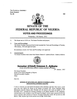 SENATE of the FEDERAL REPUBLIC of NIGERIA VOTES and PROCEEDINGS Wednesday, 11Th January, 2012