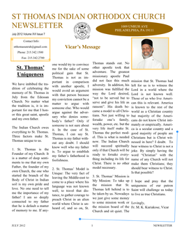 ST THOMAS INDIAN ORTHODOX CHURCH NEWSLETTER 1009 UNRUH AVE PHILADELPHIA, PA 19111 July 2012 Volume XVI Issue 7