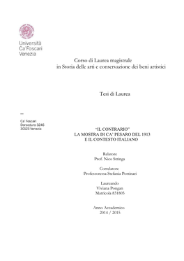 Corso Di Laurea Magistrale in Storia Delle Arti E Conservazione Dei Beni Artistici