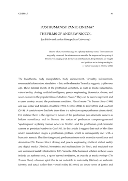 Posthumanist Panic Cinema? the Films of Andrew Niccol