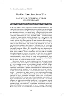 The East Coast Petroleum Wars RAUPATU and the POLITICS of OIL in 1860S NEW ZEALAND