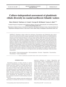 Culture-Independent Assessment of Planktonic Ciliate Diversity in Coastal Northwest Atlantic Waters