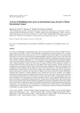 Arrivals of Hitchhiking Insect Pests on International Cargo Aircraft at Miami International Airport